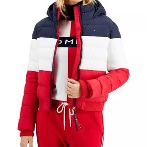 Tommy Hilfiger Womens Colorblocked Hooded Puffer Jacket